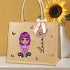 TISEA Personalized Cartoon Character Large Capacity Jute Tote Bag with Birth Flower and Name Mother's Day Birthday Gift for Women Girls(Women,Black Hair) view 3