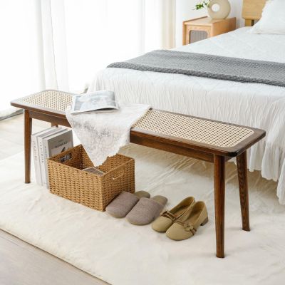Towood Lifee Entryway Bench, Solid Wood Kitchen Dining Bench, Mid Century Modern End of Bed Bench with Rattan Woven Top for Bedroom, Dining Room, Entry Way, 47.2" L x 11.2" W x 17.7" H, Walnut