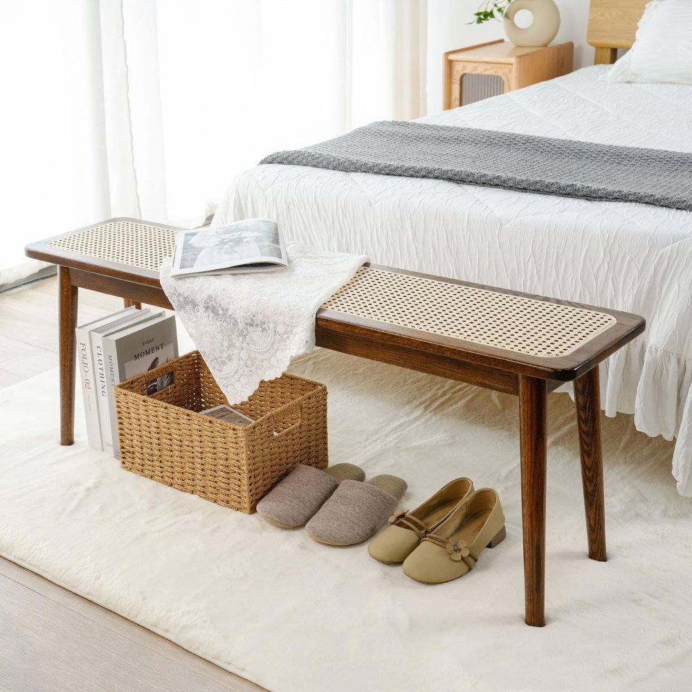 Towood Lifee Entryway Bench, Solid Wood Kitchen Dining Bench, Mid Century Modern End of Bed Bench with Rattan Woven Top for Bedroom, Dining Room, Entry Way, 47.2" L x 11.2" W x 17.7" H, Walnut
