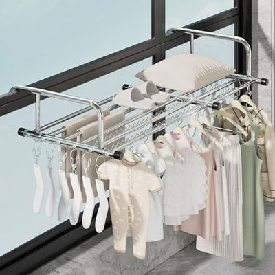 Folding Clothes Drying Rack with Sock Clips Stainless Steel Telescopic Towel Rack Portable Radiator Airer Laundry Rack for Balcony Railings Windowsill
