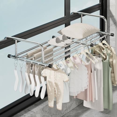 Folding Clothes Drying Rack with Sock Clips Stainless Steel Telescopic Towel Rack Portable Radiator Airer Laundry Rack for Balcony Railings Windowsill