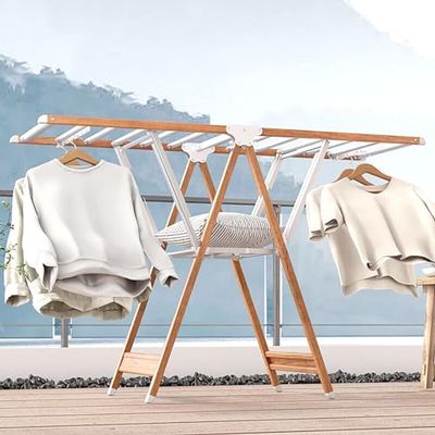 Floor Aluminum Alloy Metal Laundry Rack Foldable Clothes Drying Rack with Height-Adjustable Gullwings, Free-Standing Airer with Shoes Rack, Ready to Use in 1s