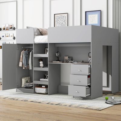 XD Designs Wood Full Size Loft Bed with Built-in Wardrobe and Desk, Multi-Function Loft Bed Frame with Storage Shelves, Drawers and Full-Length Guardrails for Kids Kids Teens Adults, Maximized Space