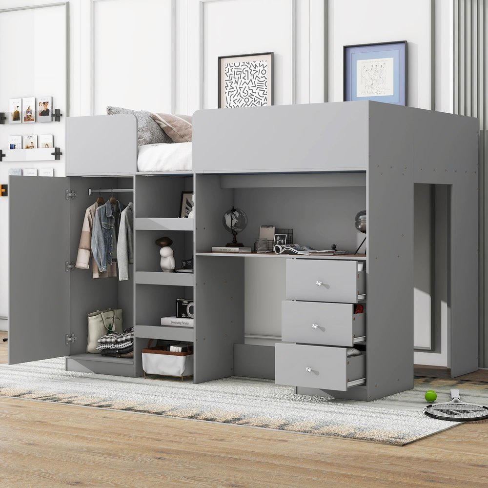 XD Designs Wood Full Size Loft Bed with Built-in Wardrobe and Desk, Multi-Function Loft Bed Frame with Storage Shelves, Drawers and Full-Length Guardrails for Kids Kids Teens Adults, Maximized Space