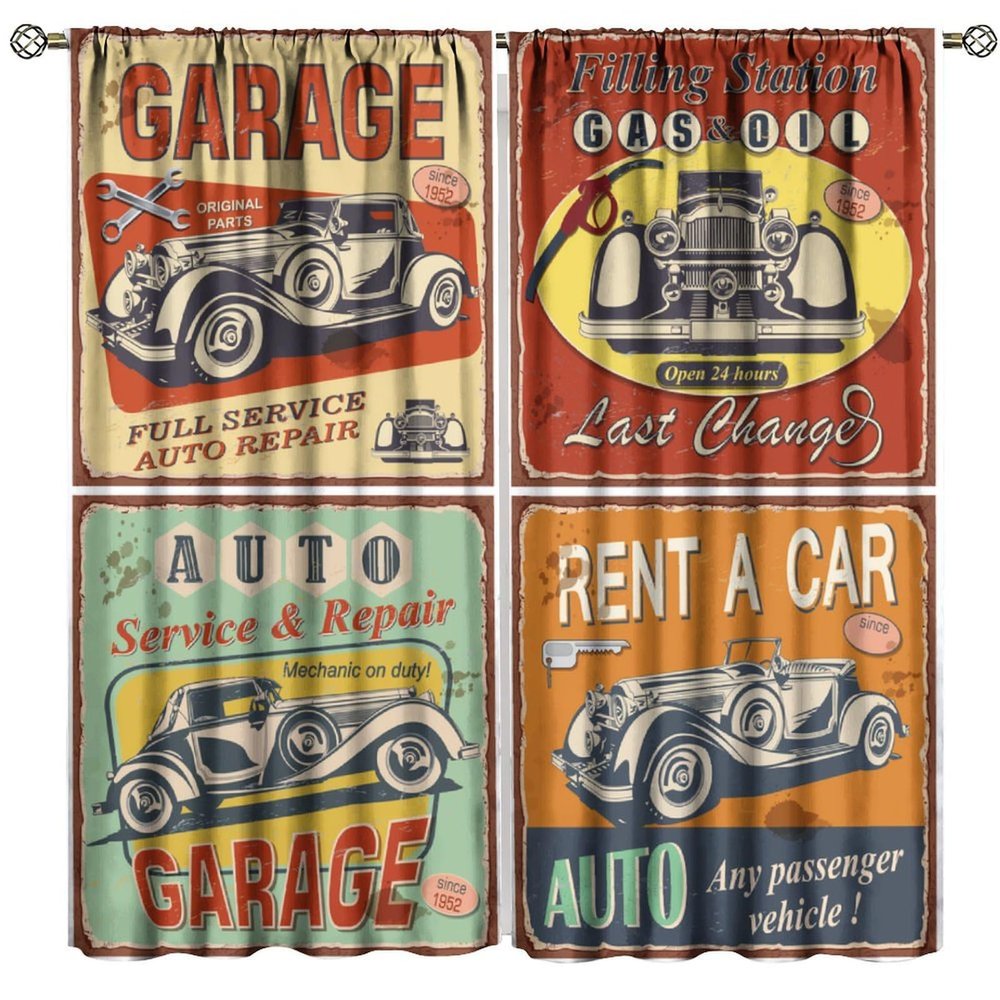 1950s Retro Blackout Window Curtains, Vintage Car Signs Automobile Rod Pocket Window Drapes, for Living Room Bedroom 26(W)*84(L) 2 Panels