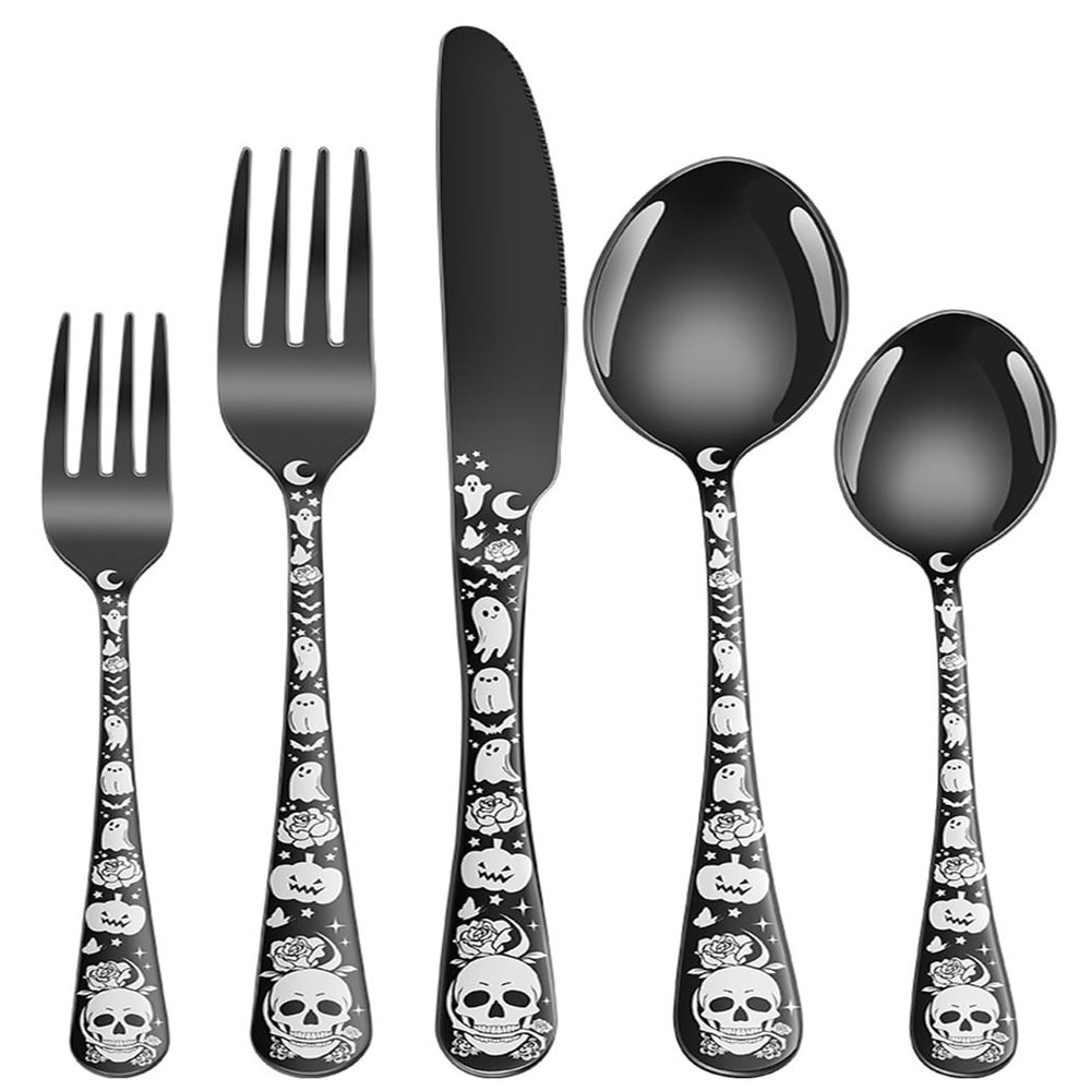 XIAOYU 5 Piece Halloween Skull Silverware Set, Stainless Steel Flatware Set, Gothic Skeleton Cutlery Set Includes Fork/Knife/Spoon, Perfect for Halloween Easter and Christmas, Black