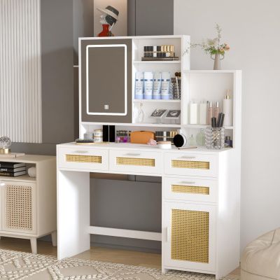 Black Makeup Vanity with Lights, Vanity Desk with Openable Mirror Vanity Table with 4 Drawers & 1 Cabinets & Shelves, Rattan Dressing Table, 3 Lighting Modes, Brightness Adjustable, for Bedroom