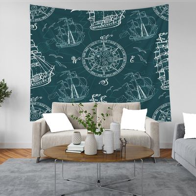 CAPSCEOLL Ceiling Tapestry for Bedroom - Marine Sea Compass Fantasy Deep Blue Graffiti Emblems Gulls Ships - 60x60 Inch