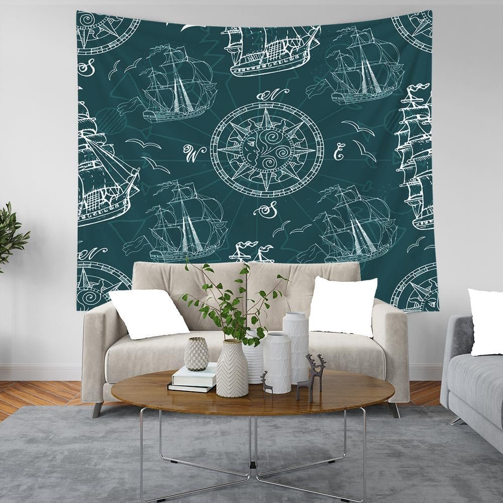 CAPSCEOLL Ceiling Tapestry for Bedroom - Marine Sea Compass Fantasy Deep Blue Graffiti Emblems Gulls Ships - 60x60 Inch