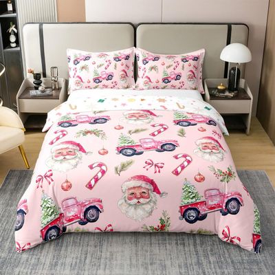Erosebridal Pink Christmas 100% Organic Cotton King Duvet Cover, Santa Claus Bed Set, Candy Cane Holly Bedding Set, Reversible Xmas Theme Simple Xmas Tree Quilt Cover for Kids Girls