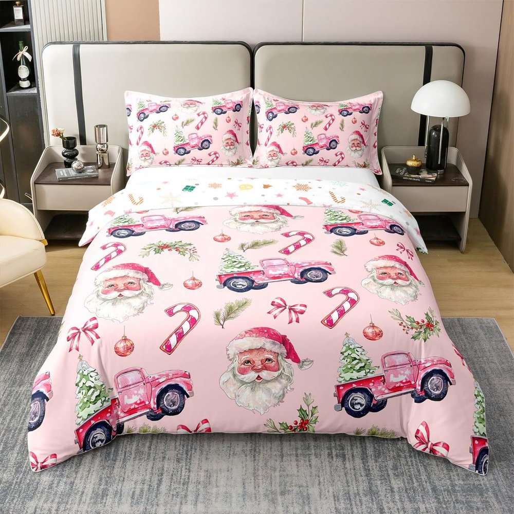 Erosebridal Pink Christmas 100% Organic Cotton King Duvet Cover, Santa Claus Bed Set, Candy Cane Holly Bedding Set, Reversible Xmas Theme Simple Xmas Tree Quilt Cover for Kids Girls