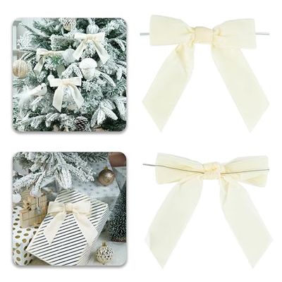 LIZLOVESS Ivory Velvet Ribbon Christmas Bow 5 Inch Premade Cream Bows for Christmas Tree Hanging Decorations Gift Wrapping Wreaths Crafts Outdoor Indoor Home Decor Wedding, Pack of 12
