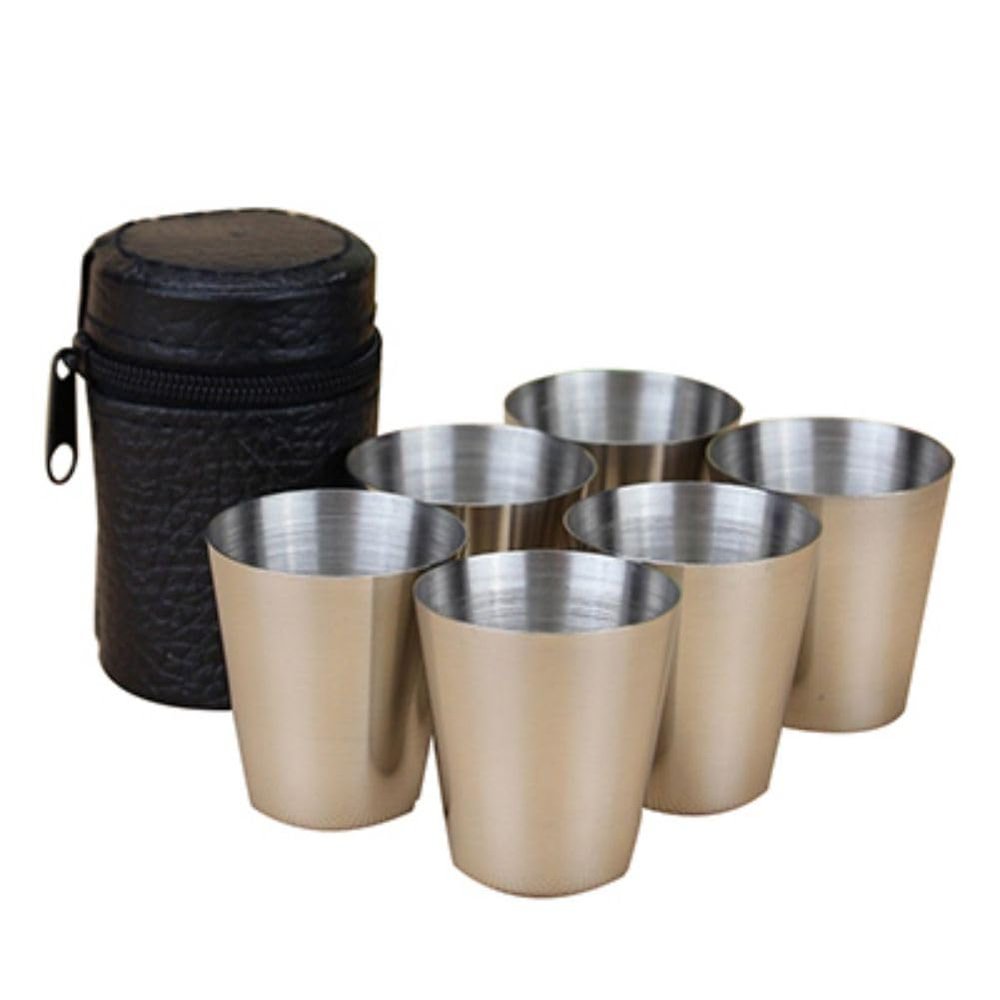 6 Pack 70ML (2.3oz) Stainless Steel Shot Cups with Black PU-Leather Carrying Case,Shatterproof Pint Drinking Cups Metal Drinking Glasses for Home Restaurant Tequila Liquor Party Cocktail Beer Whiskey