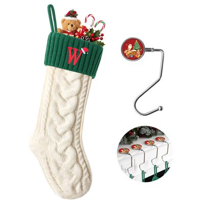 Christmas Stockings Personalized Custom Initials 18 Inches Knitted Christmas Stockings with Letter Fireplace Hanging Monogram Xmas Stockings for Kids,Family Holiday Party DecorationWhite and Green W