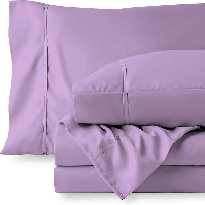 British-Linen 4 Piece Bedsheets Set - 100% Organic Cotton Sheets with 22" Inch Fitted Sheet Deep Pocket - Cooling & Breathable Soft Sheets and Pillowcases - Lavender Solid, Full Size.