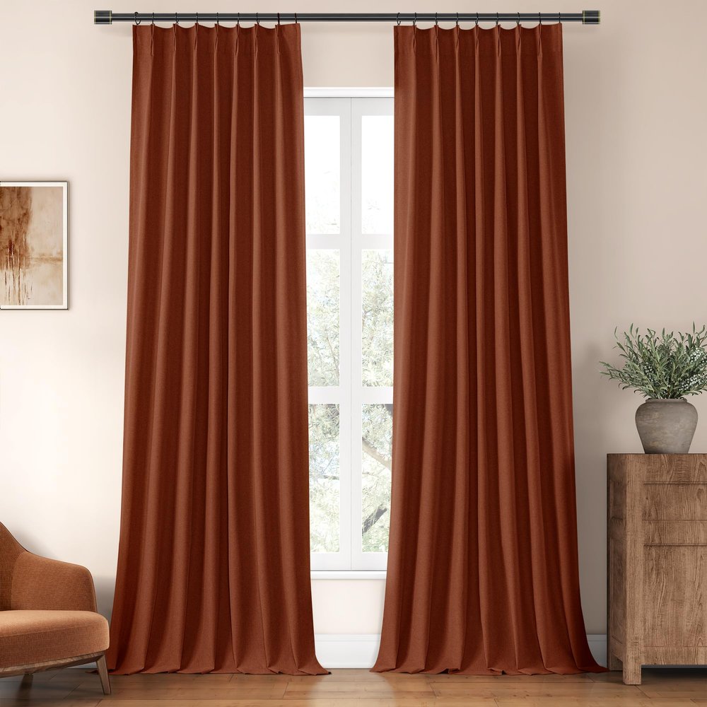 ChrisDowa Terracotta Pinch Pleated Blackout Linen Curtains 120 Inch Long 2 Panels for Living Room Bedroom Farmhouse Room darking Thermal Insulated Back Tab Hooks Rings Window Treatment Drapes,40x120