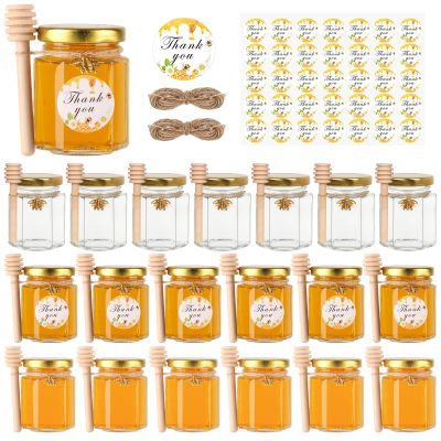 BIGIVACA 3 oz Mini Honey Jars - 20 Pack Hexagon Glass Jars with Wood Dippers, Gold Lids, Bee Pendants, Jutes, Stickers for Wedding Favors, Party Favors, Candle Making