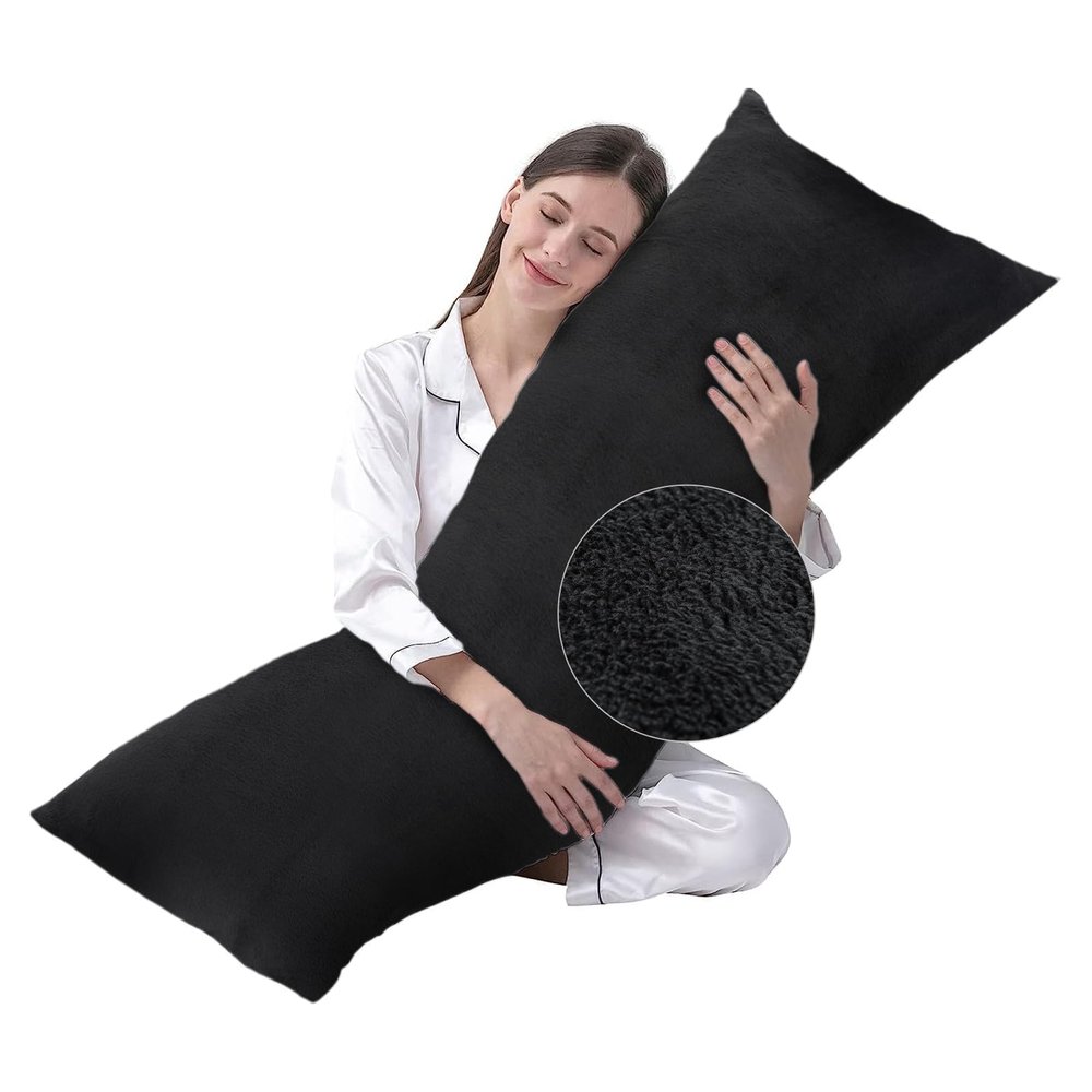DOWNCOOL Large Body Pillow Insert with Faux Fur Cover - Fluffy Long Bed Pillow for Sleeping - Breathable Full Body Pillow for Adults - 20x54 inch (Black, with Cover)