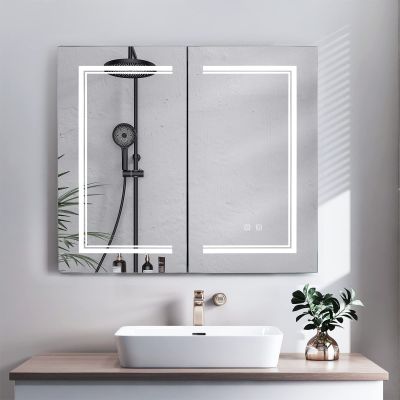 Double Door LED Bathroom Mirror Cabinet,Wall Mounted Lighted Vanity Mirror,Rectangle Bathroom Makeup Mirror,LED Bathroom Wall Medicine Cabinet,with Lights,for Bedroom, Living Room, Kitchen (White)