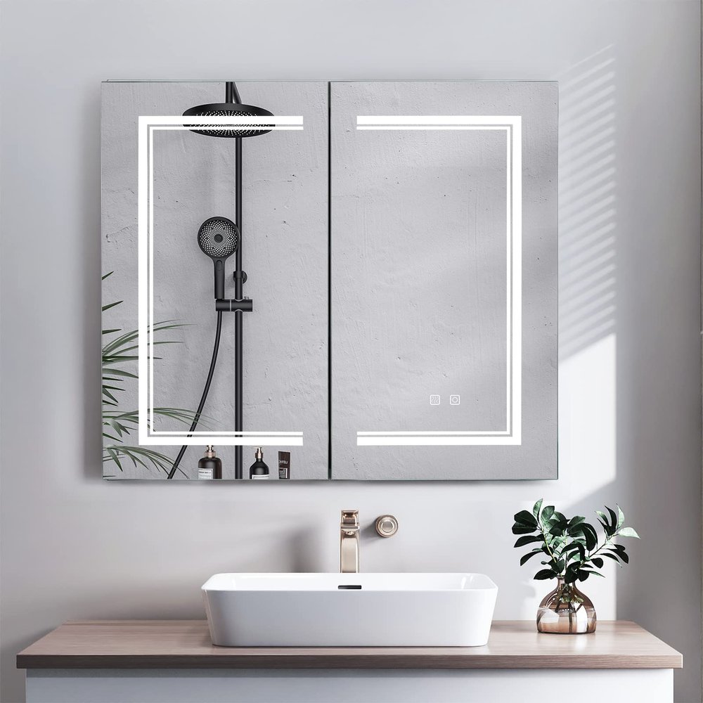 Double Door LED Bathroom Mirror Cabinet,Wall Mounted Lighted Vanity Mirror,Rectangle Bathroom Makeup Mirror,LED Bathroom Wall Medicine Cabinet,with Lights,for Bedroom, Living Room, Kitchen (White)