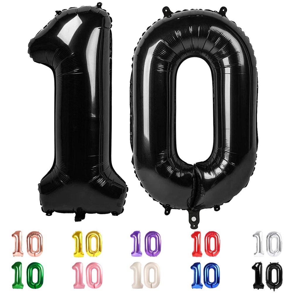 10 Balloons Number, 10th Birthday Decorations for Girl Boys, Black Birthdays Balloons 40 In for Engagement, Wedding, Celebration Party, Graduations, Photo Shoot