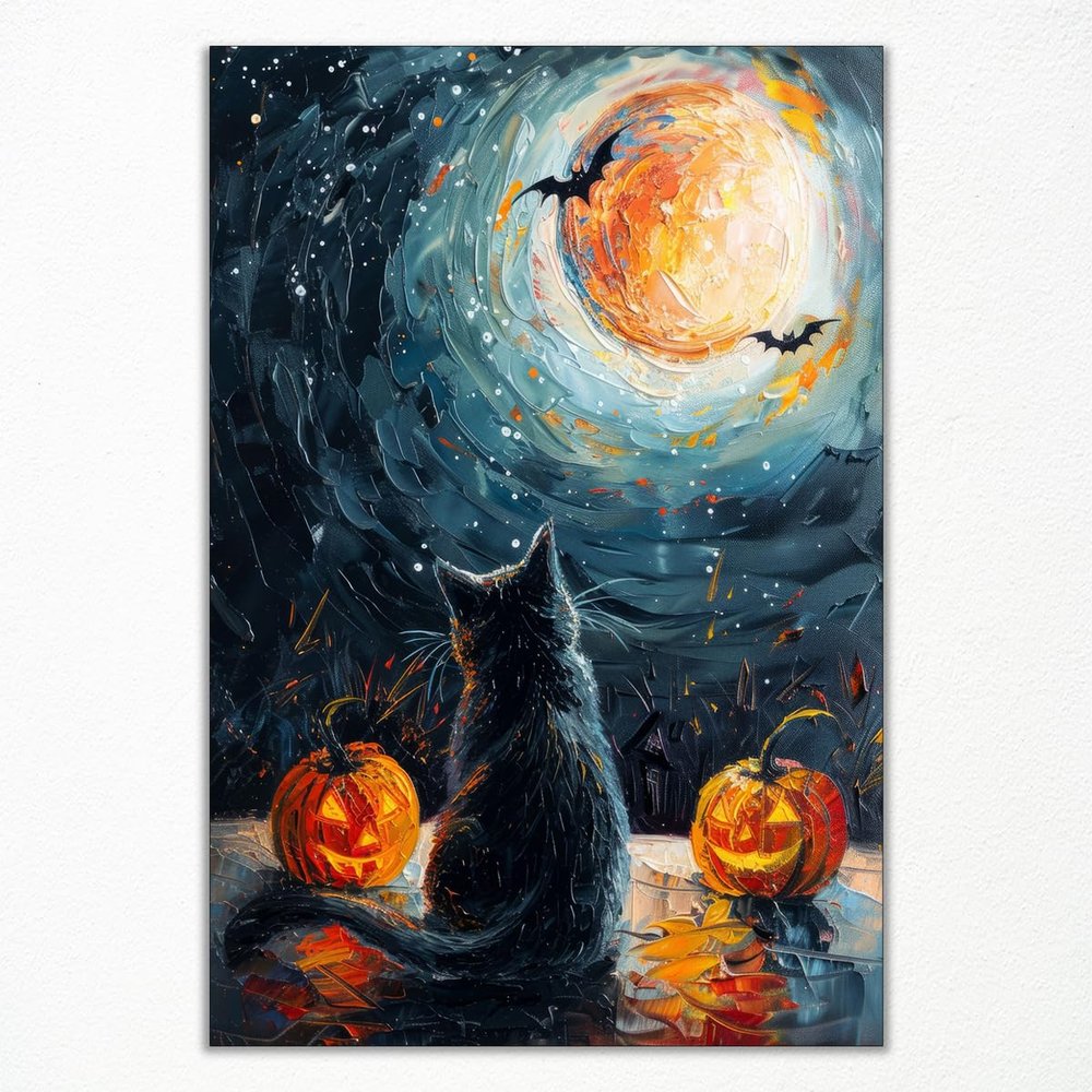 abrtolpffo The Spooky Starry Night Canvas Wall Art, Black Cat and Pumpkin Painting Poster, Whimsical Halloween Wall Art, Gothic Dark Academia Wall Decor, Whimsigoth Aesthetic Poster 24x36in Unframed