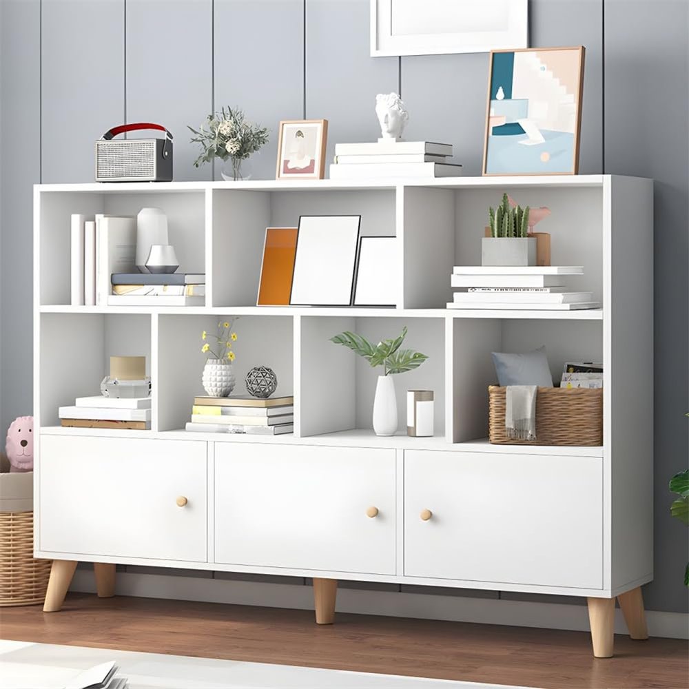 KWOKING 9.5" W Closed Storage Bookcase Wooden Bookshelf with Shelves & Doors Bookshelf Landing Solid Wood Leg Bookcase Multifunctional Rack Student Storage Cabinet 55.1" L x 9.4" W x 42.1" H White