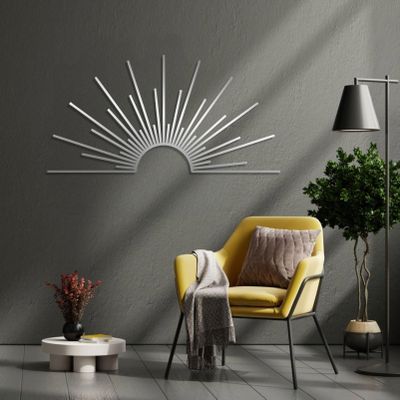 Metal Sun Wall Decor, Sun Metal Wall Decor, Abstract Art Sunrise, Large Metal Sun Outdoor Wall Art, Beach Decor, Sunrise Metal Wall Art, Sunburst Wall Decor, Living Room Wall Art (Silver, 30"x15" | 76x38cm)
