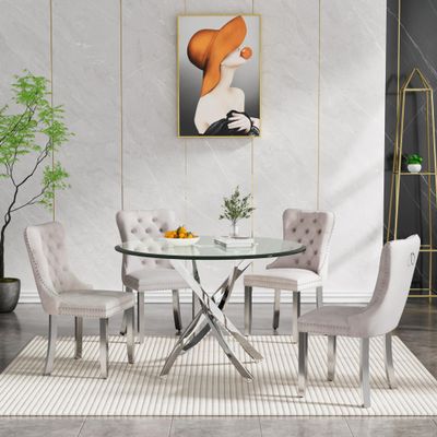 5 Piece Dining Table Set, Modern Round Glass Kitchen & Dining Room Table Set for 4, 36" Circle Glass Dining Table with 4 Beige Velvet Upholstered Dining Chairs Set for Apartment Small Space,Silver