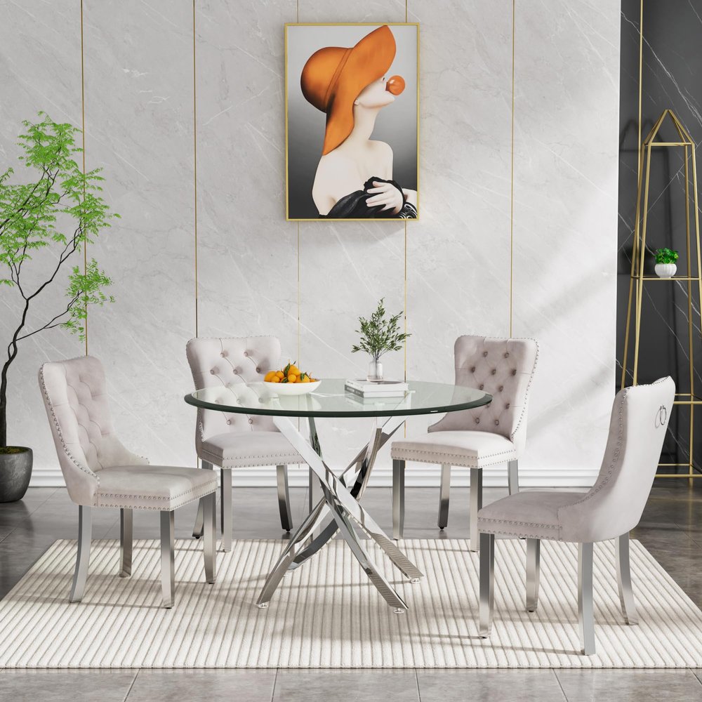 5 Piece Dining Table Set, Modern Round Glass Kitchen & Dining Room Table Set for 4, 36" Circle Glass Dining Table with 4 Beige Velvet Upholstered Dining Chairs Set for Apartment Small Space,Silver