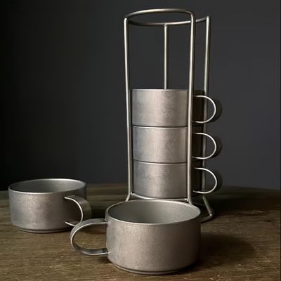 5PCS Stainless Steel Stacking Coffee Mugs with Metal Stand,Vintage 304 stainless steel coffee cup,3.5oz Espresso cup set,Mugs for Coffee, Tea, Cocoa, Milk,Dishwasher safe