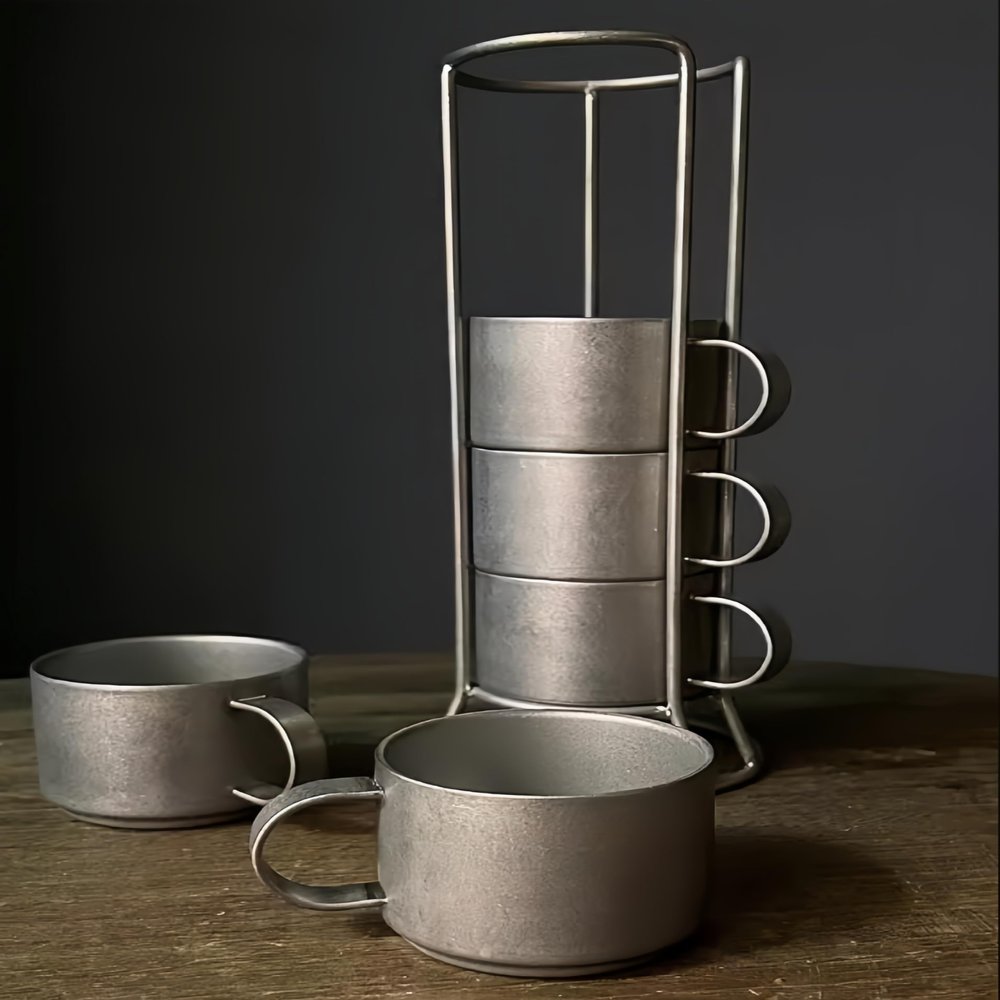 5PCS Stainless Steel Stacking Coffee Mugs with Metal Stand,Vintage 304 stainless steel coffee cup,3.5oz Espresso cup set,Mugs for Coffee, Tea, Cocoa, Milk,Dishwasher safe
