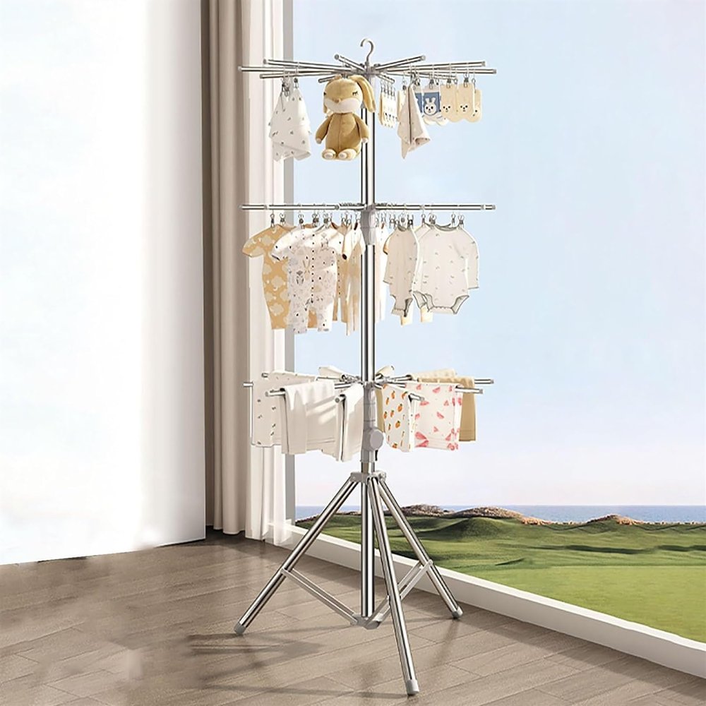 CTXDLK Clothes Airer Foldable, Free-Standing Laundry Drying Rack, Space Saving Tripod Clothes Airer, Stainless Steel Heavy Duty Garment Rack,for Clothing, Long Garment