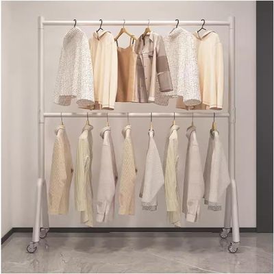DDBATYYEH Clothes Rail Garment Rack Heavy Duty Clothes Garment Rack, Freestanding Double Rod Clothing Hanger Stand with Storage Display Shelf for Hanging Clothes Store(White,150x240cm)