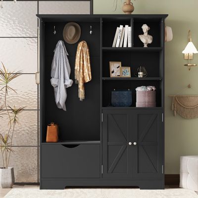 Guxeei 4-in-1 Hall Tree with Bench and Shoe Storage, Modern Multi-functional Entryway Bench with Coat Rack, Storage Shelves, Cabinets, 3 Hooks for Entryway, Hallway (Black)
