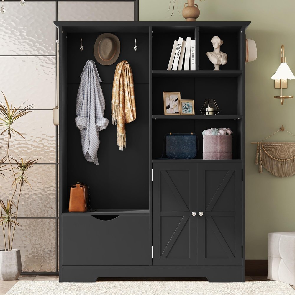 Guxeei 4-in-1 Hall Tree with Bench and Shoe Storage, Modern Multi-functional Entryway Bench with Coat Rack, Storage Shelves, Cabinets, 3 Hooks for Entryway, Hallway (Black)