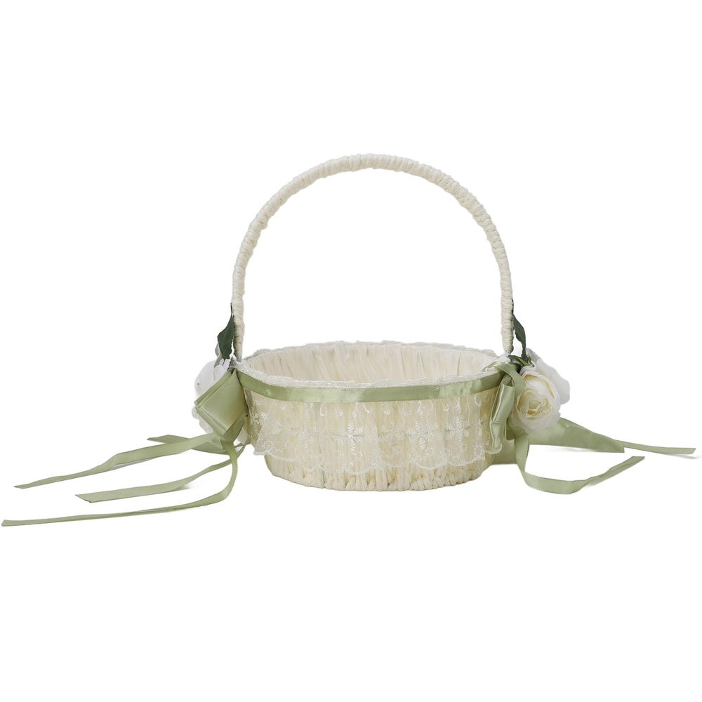 Wedding Flower Girl Basket, Hand Woven Wedding Flower Basket with Cute Pearl Romantic Elegant Flower Basket for Anniversary Wedding Banquet Party Supplies (5800)