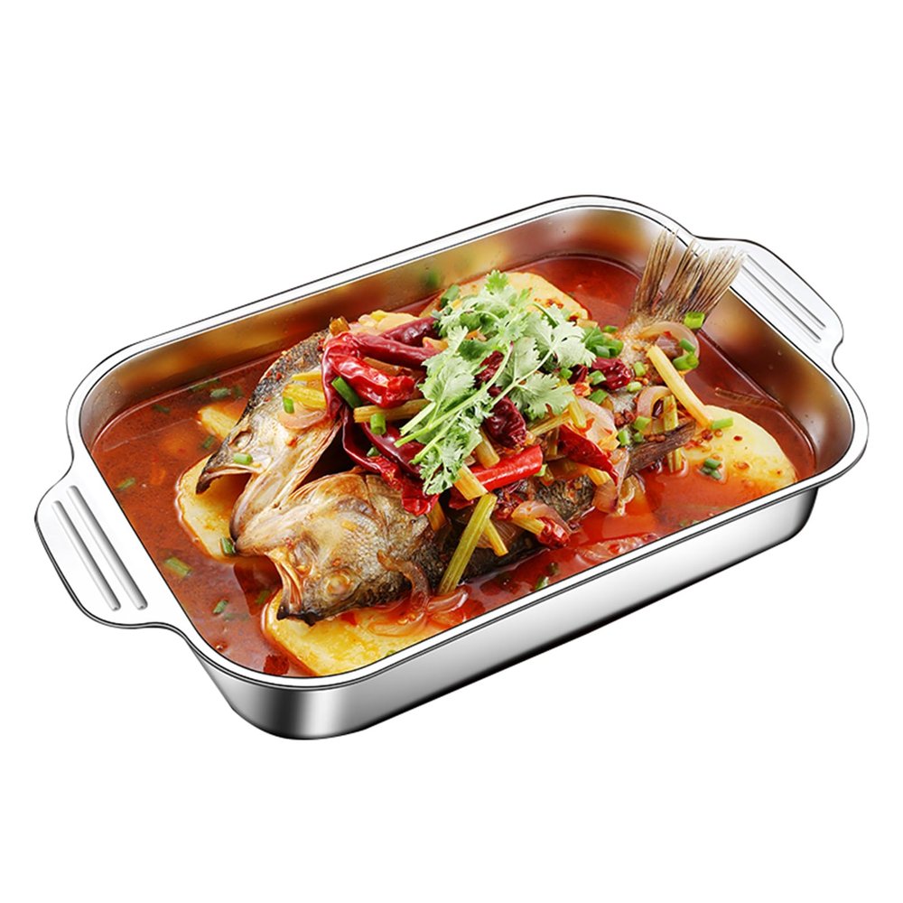DJFKDYHPE Stainless Steel Rectangular Roaster Lasagna Pan Chicken Roasting Tray 5 Sizes Deep Baking Sheet Cake Cookie Plate Food Dish Serving Platter for Baking Breads, Turkey, Fish, Vegetables(Shallo