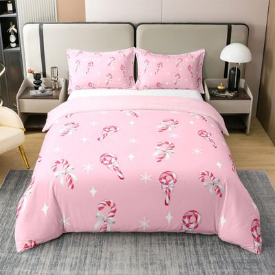 100% Cotton Christmas Candy Duvet Cover,White Bowknots Ribbon Bow-tie Starry Princess Bedding Set for Kids Adults,Winter Snowflake Xmas Gifts Pink Comforter Cover(No Filler),King Size