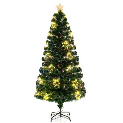 Goplus 6ft Pre-Lit Fiber Optic Christmas Tree, Artificial Lighted Xmas Tree with 36 Warm-White Shape-Adjustable Star String Lights, Top Star, 230 Branch Tips, Metal Stand, Office Home Decoration