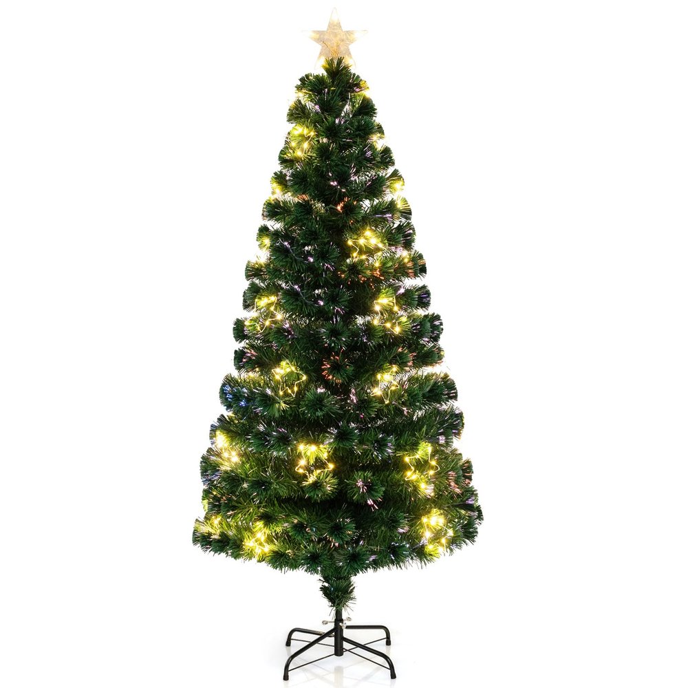 Goplus 6ft Pre-Lit Fiber Optic Christmas Tree, Artificial Lighted Xmas Tree with 36 Warm-White Shape-Adjustable Star String Lights, Top Star, 230 Branch Tips, Metal Stand, Office Home Decoration