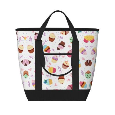 YQxwJL Delicious Cupcakes Print Large Cooler Bag Tote Bag,Reusable Grocery Bag,Lunch Box Bag, For Picnic Beach Camping