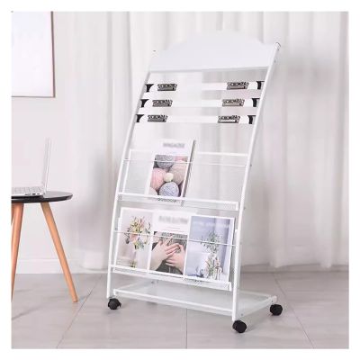 Brochure Display Holder,Metal Mesh Newspaper Magazine Holder,Vertical Book Rack with Three Newspaper Clips(White)
