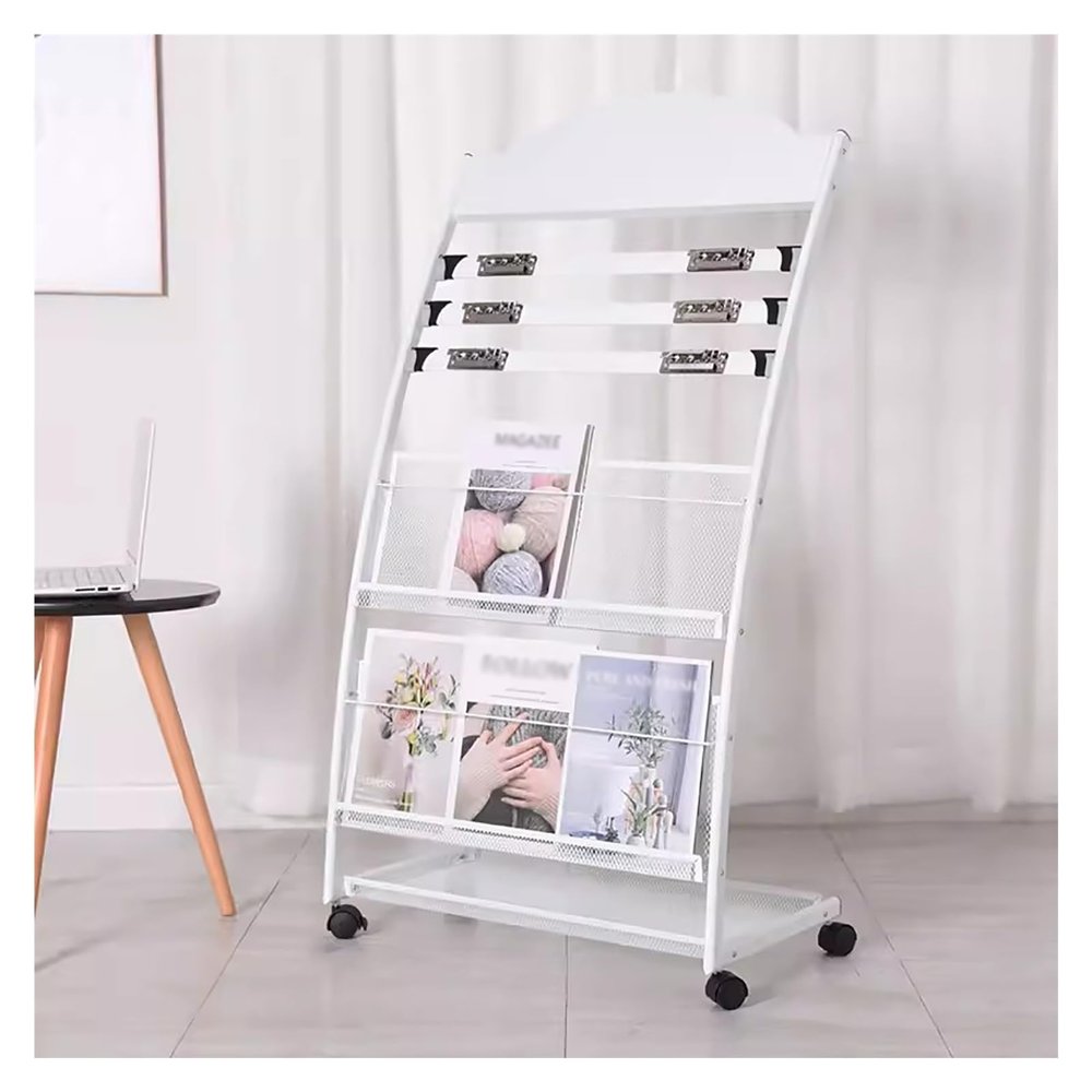 Brochure Display Holder,Metal Mesh Newspaper Magazine Holder,Vertical Book Rack with Three Newspaper Clips(White)