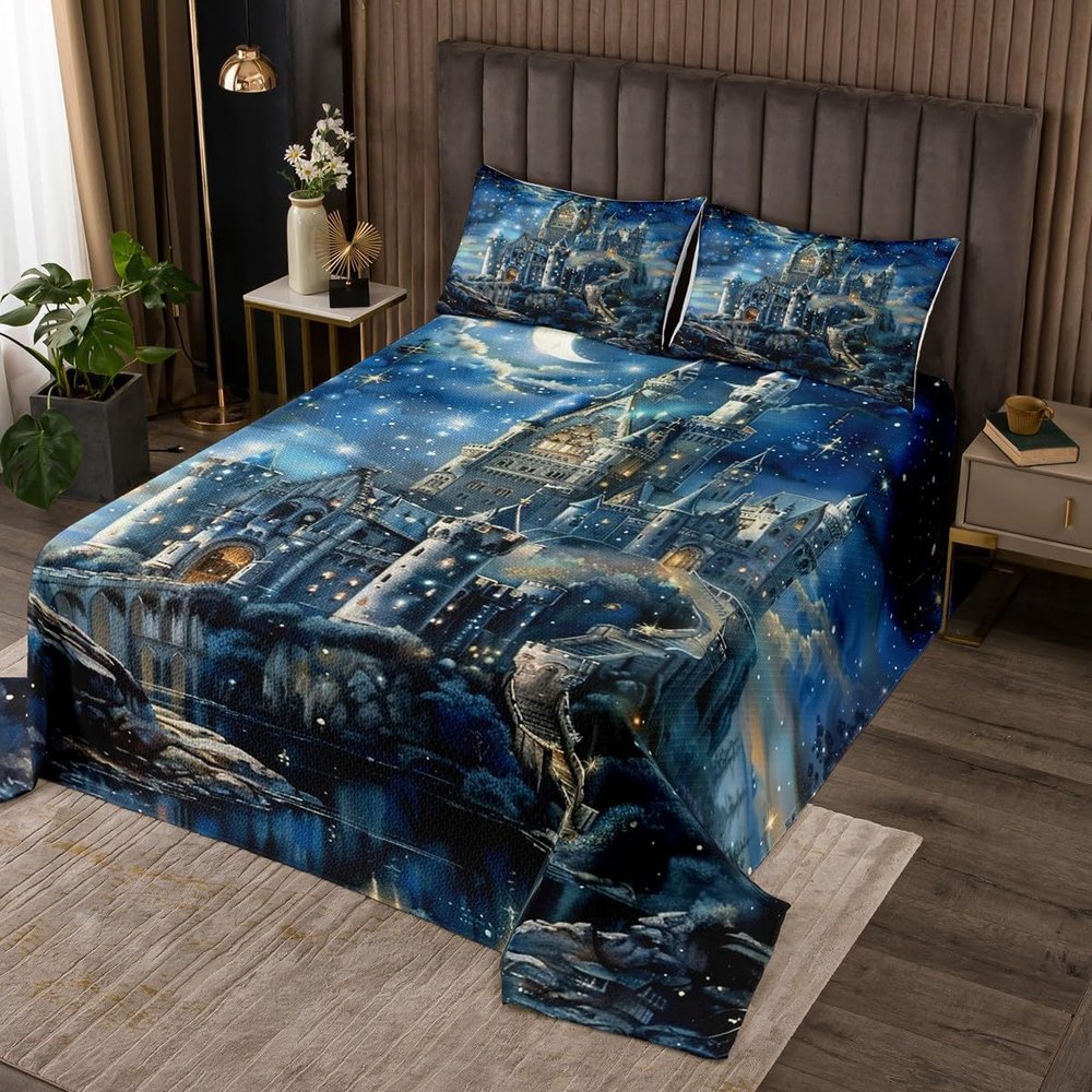 Manfei Cartoon Castle Quilt Set for Kids Teens,Dreamy Starry Sky Bedspread,Fairy Tale Theme Bed Cover Navy Blue Bedding Set Decorative Quilted Coverlet Set,King Size