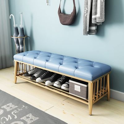 Entryway Shoe Bench with Pu Leather Seat,Premium Shoe Rack Bench Shoe Organizer Golden Shoe Shelf,Modern Entryway Bench Shoe e Bench-Blue 80x35x45cm(31x14x18inch)