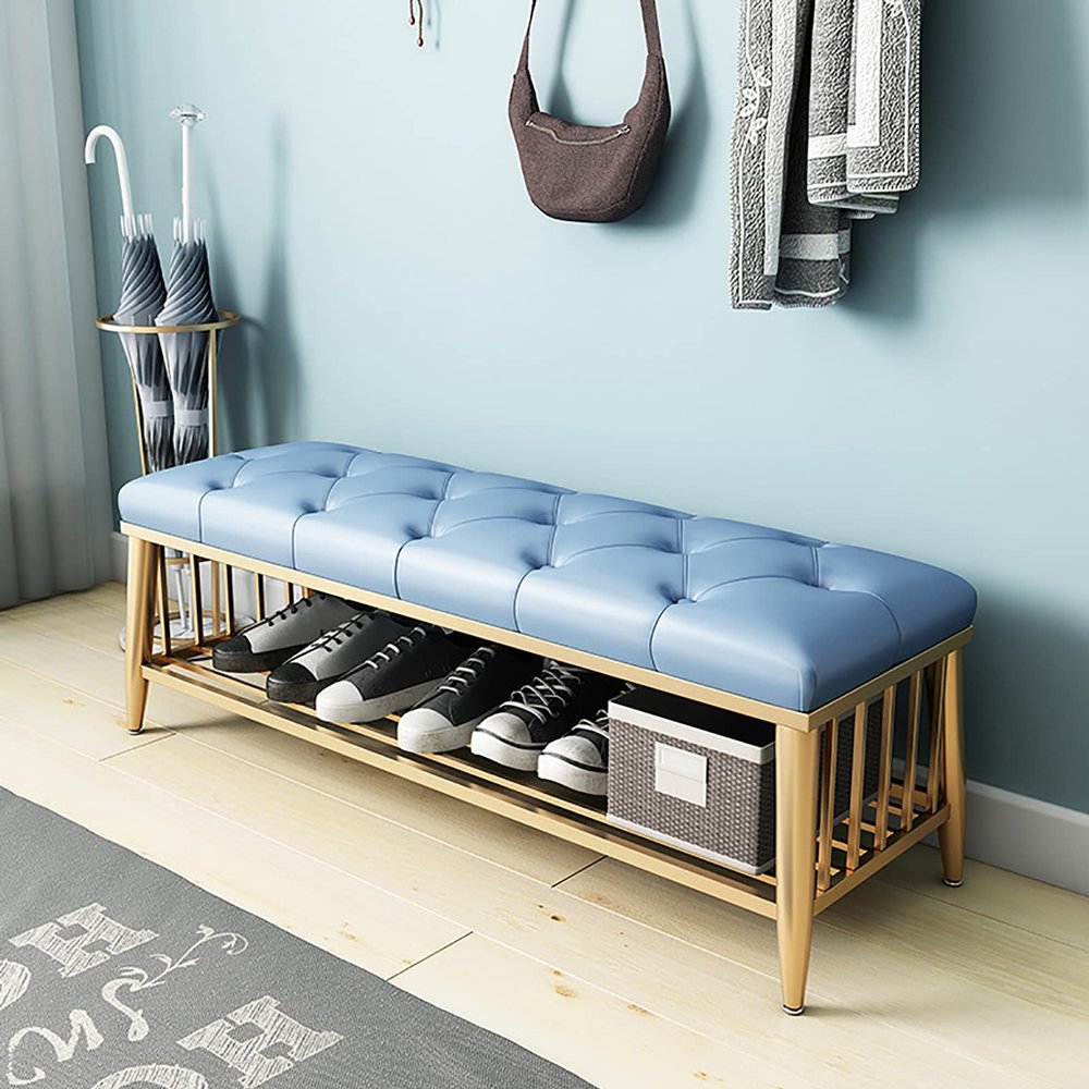 Entryway Shoe Bench with Pu Leather Seat,Premium Shoe Rack Bench Shoe Organizer Golden Shoe Shelf,Modern Entryway Bench Shoe e Bench-Blue 80x35x45cm(31x14x18inch)