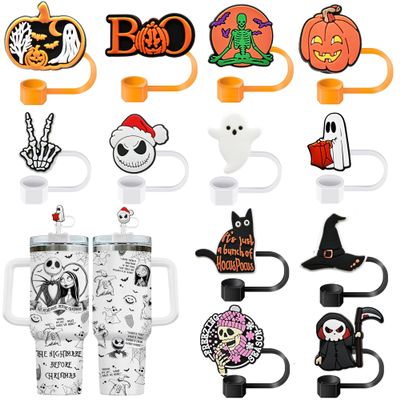 12PCS Halloween Straw Toppers for Stanley Cup, Cute Silicone Skull Ghost Straw Covers Cap Compatible with 30&40oz Tumbler with Handle,10mm 0.4in Dust-Proof Reusable Tips Lids for Halloween Gifts