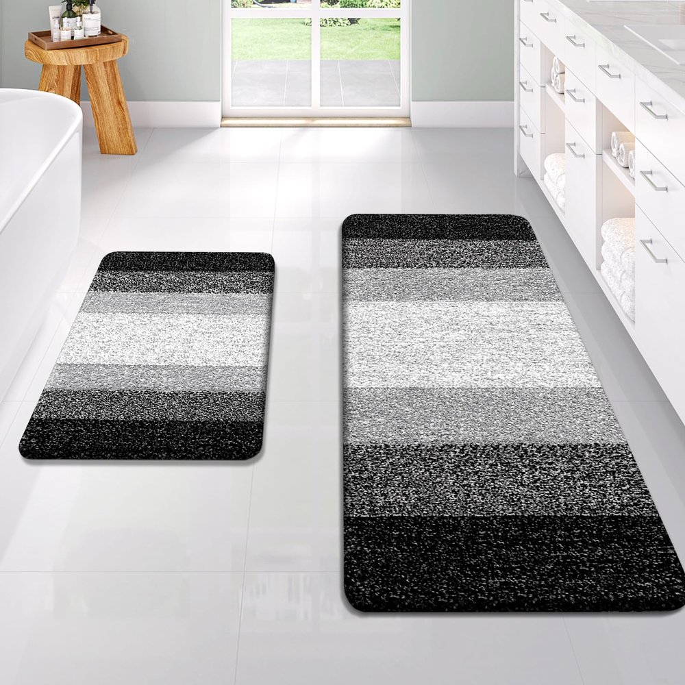 OLANLY Bathroom Rug Set 2 Piece, Soft Absorbent Microfiber Bath Rug Set, Non-Slip, Machine Wash Dry, Plush Shaggy Bath Mats for Bathroom (47"x20"+24"x16", Black)