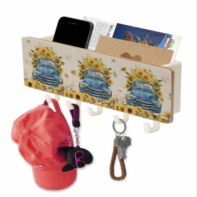 Retro Blue White Truck Key Holder Wall Mount,White Hanging Mail Organizer with 5 Key Hooks Wall Decorative,Sunflower Floral Rustic Leaves Adhesive Key Rack with Shelf for Hallway Kitchen Entryway